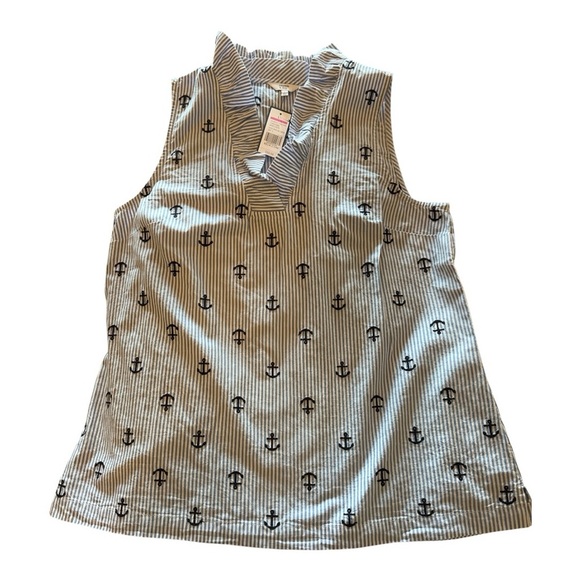 NWT Crown & Ivy Blue Striped Anchor Ruffled Sleeveless Top Sz L Nautical - Picture 3 of 6